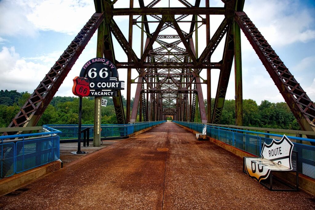 Chain of rocks bridge crossing river landscape