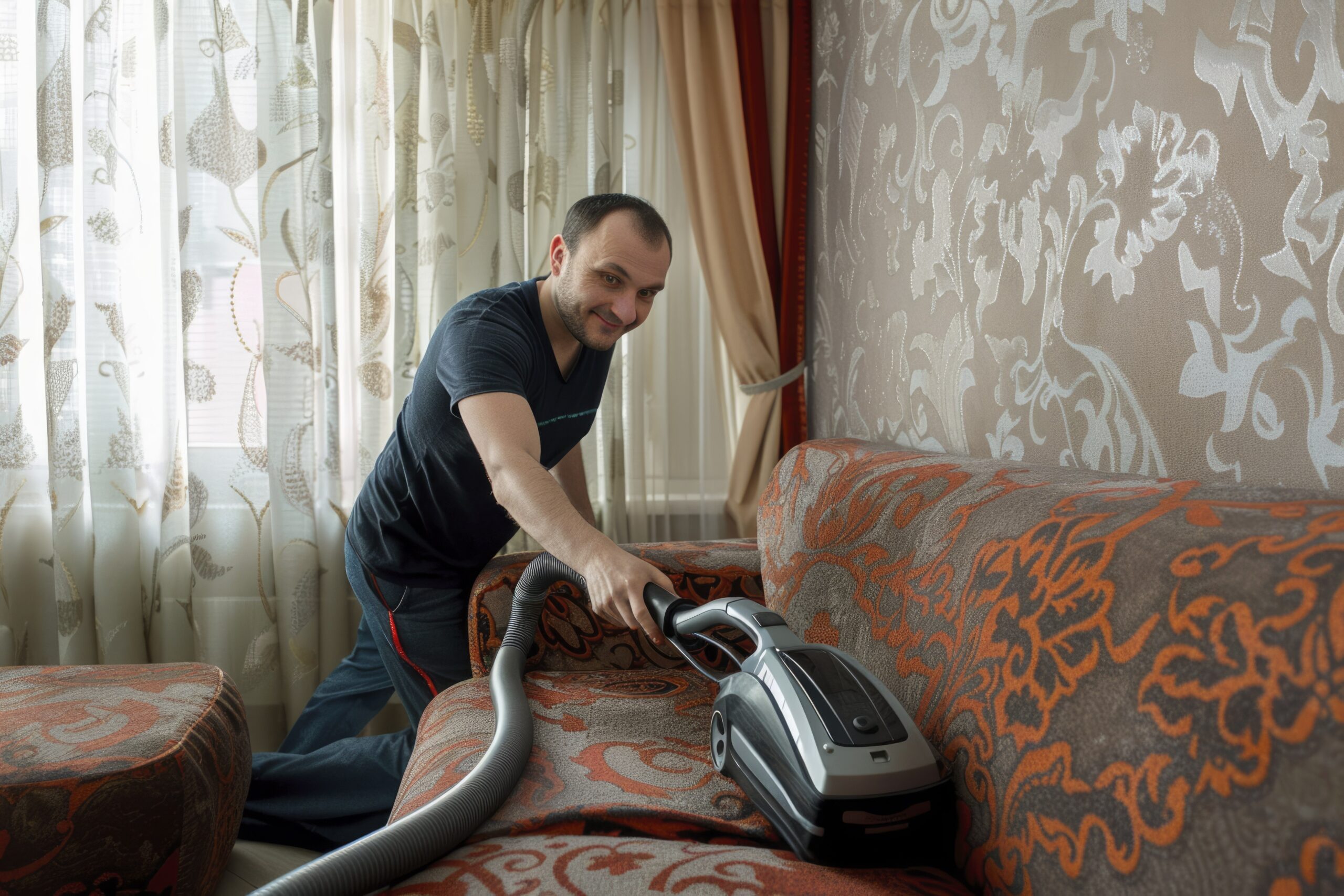 Man performing household cleaning tasks at home
