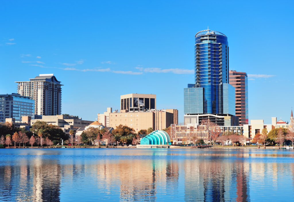 Orlando city skyline in the early morning with soft sunlight